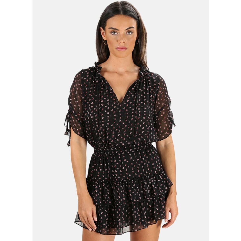 MISA Los Angeles Becca Dress Black Pink Floral Large Short Tiered Chiffon